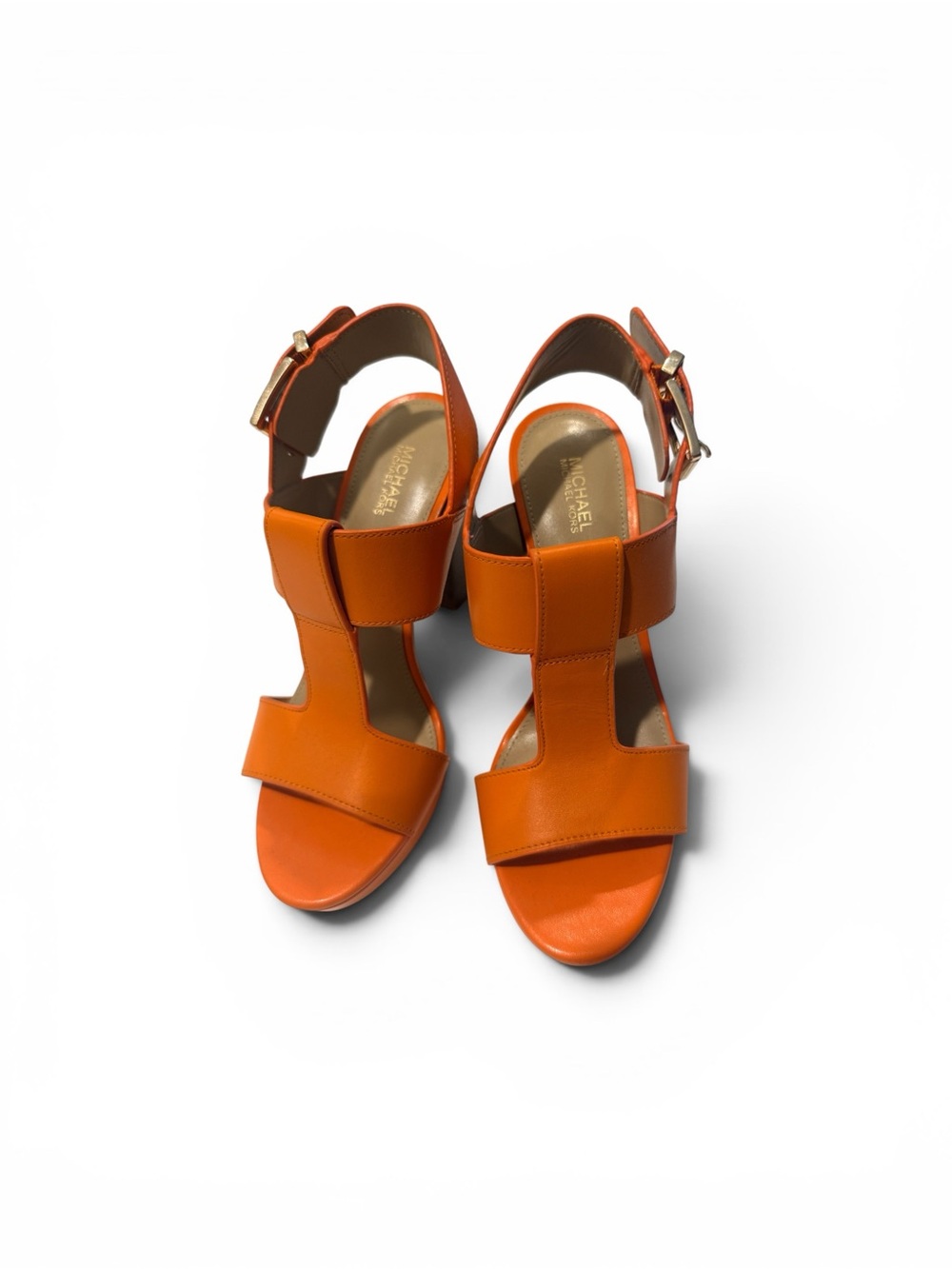 Michael Kors Bright Orange Leather Block-Heel Sandals with Buckle